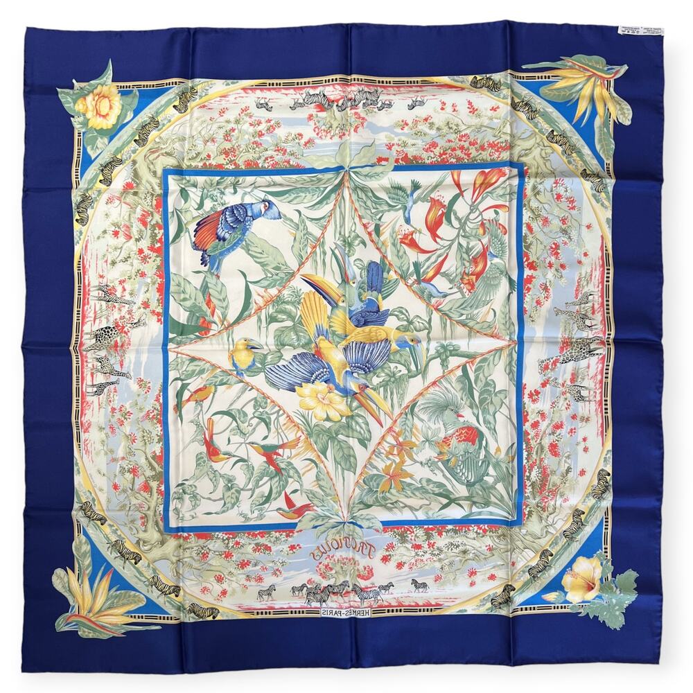 Hermes Paris Tropiques 90 Silk Carre Scarf Blue Tropical Bird 35 Square France - Picture 2 of 16